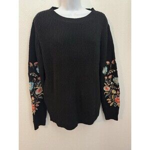 Woven Heart Sweater Pull Over Black Crew Neck Embroidered Floral Size M
